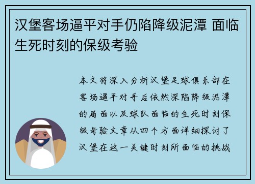 汉堡客场逼平对手仍陷降级泥潭 面临生死时刻的保级考验
