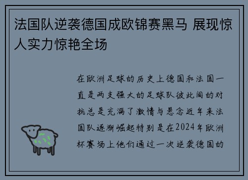 法国队逆袭德国成欧锦赛黑马 展现惊人实力惊艳全场