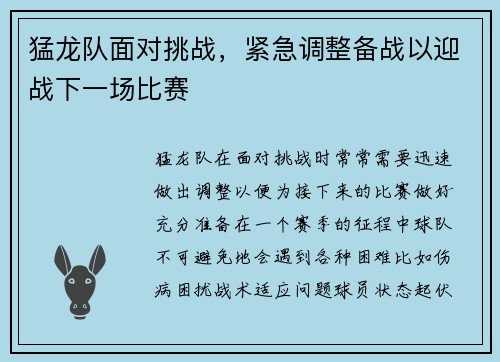 猛龙队面对挑战，紧急调整备战以迎战下一场比赛