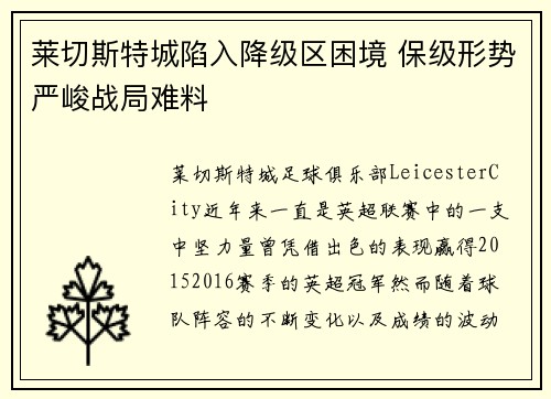 莱切斯特城陷入降级区困境 保级形势严峻战局难料