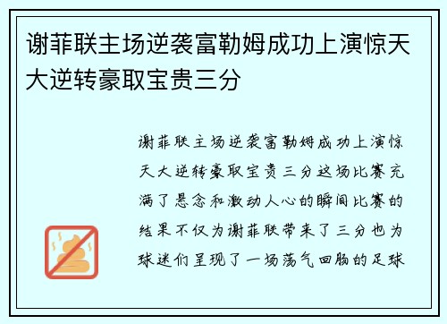 谢菲联主场逆袭富勒姆成功上演惊天大逆转豪取宝贵三分