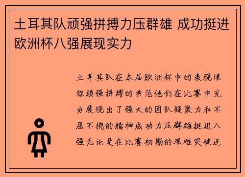土耳其队顽强拼搏力压群雄 成功挺进欧洲杯八强展现实力