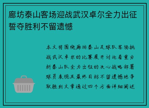 廊坊泰山客场迎战武汉卓尔全力出征誓夺胜利不留遗憾
