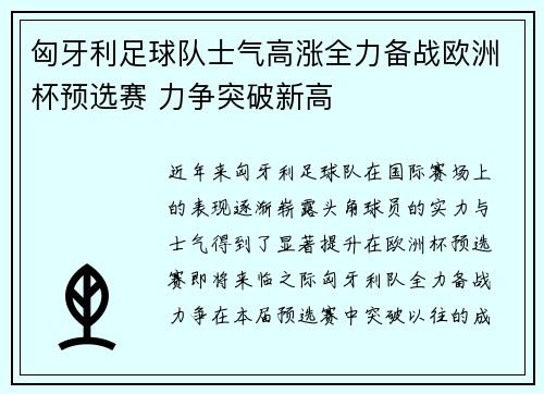 匈牙利足球队士气高涨全力备战欧洲杯预选赛 力争突破新高