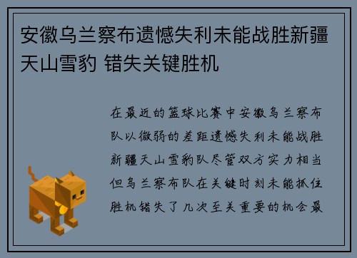安徽乌兰察布遗憾失利未能战胜新疆天山雪豹 错失关键胜机
